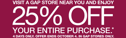 Gap Coupon For 25% Discount In Store! Photo Gap Coupon For 25% Discount In Store!