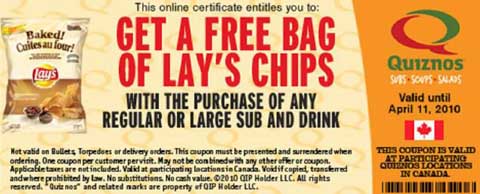 Quiznos Free Chips Printable Coupon