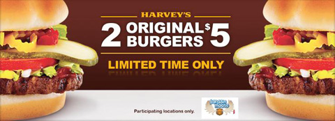 Harveys Canada 2 for $5 Original Burger