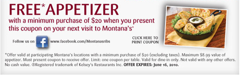 Montanas Coupon: Free Appetizer 