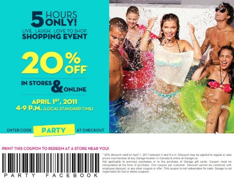 Garage: Save 20% Online Or In Stores (1 April 4 9 pm) Photo Garage: Save 20% Online Or In Stores (1 April 4 9 pm)