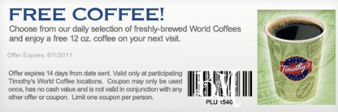 Timothys Canadian Freebies: Timothys Free Coffee