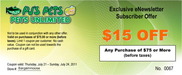PJs Pets: $15 off $75 Printable Coupon