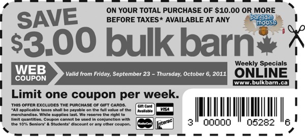 Bulk Barn: Save $3 Off $10 & Free Reusable Chopping Bag With $10 Purchase Coupon