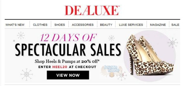 Dealuxe Canada: Coupon Code for 20% Off Heels and Pumps (Dec 20) Photo Dealuxe Canada: Coupon Code for 20% Off Heels and Pumps (Dec 20)