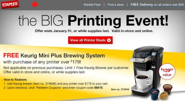 Staples Canada: Free Keurig Brew System with Printer Purchase Coupon Code