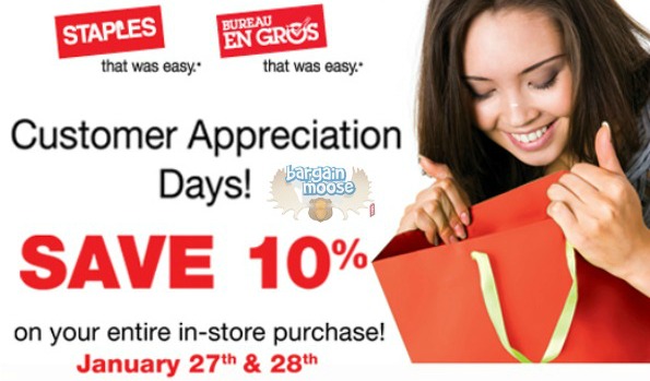 Staples Canada: Customer Appreciation Event Save 10% Coupon Jan 27/28