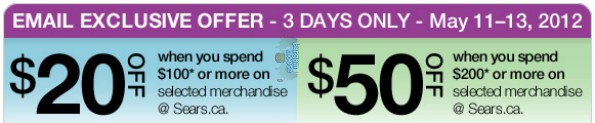Sears Canada Coupon Codes: $20 off $100 or $50 off $200