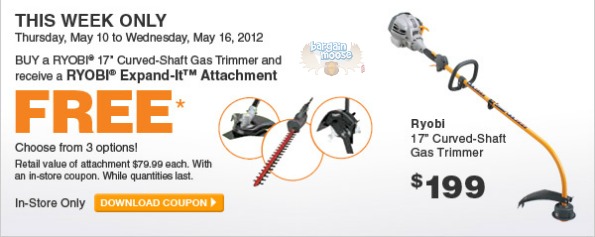 Home Depot Canada Printable Coupon: Get A Free Ryobi Attatchement With Trimmer Purchase (Up To $80 Value)