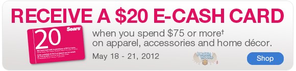 sears Sears Canada: Free Shipping on $100 + $20 e Cash Card Back with $75 Purchase
