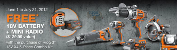 Home Depot Canada:Free 18V Battery & Mini Radio with Ridgid 5 Piece Combo Kit 