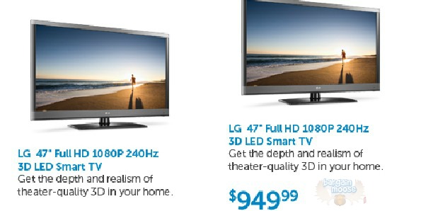 dell Dell Canada: Save $750 on LG 47 FullHD 1080P 240Hz 3D LED Smart TV Now $950