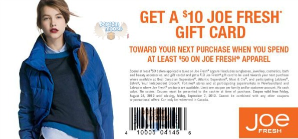 Joe Fresh $10 Gift Card: If You Spend $50 on Joe Fresh Apparel – Printable Coupon