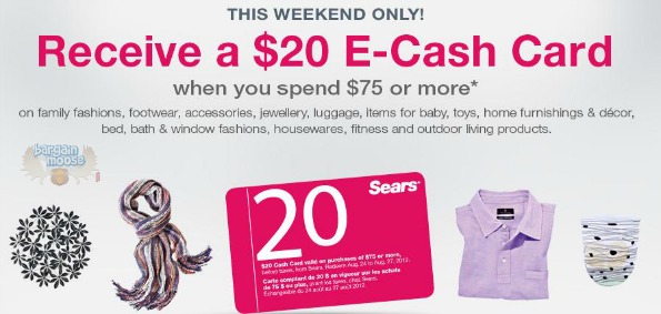 Sears Canada: Get a $20 E Cash Card when you spend $75+