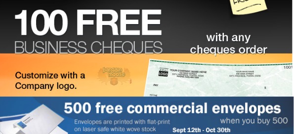 Staples Copy & Print: 100 Free Cheques with Cheques Order, Buy 500 Envelopes & Get 500 Free