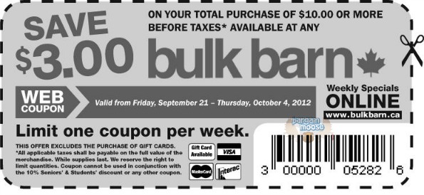 Bulk Barn: Save $3 on Purchases $10 or more Photo Bulk Barn: Save $3 on Purchases $10 or more