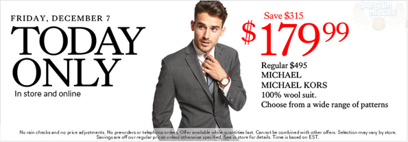 Mens-suits Michael Kors Wool Suits @ The Bay Canada TODAY Only ($180) Expired