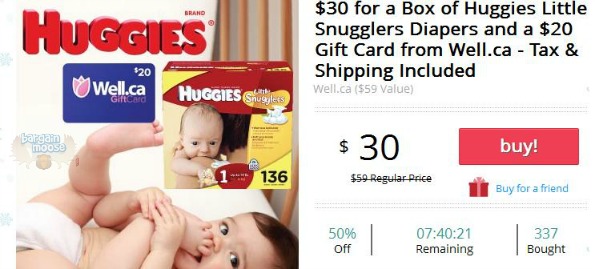 Buytopia: $30 For Box of Huggies Diapers & $20 Gift Card from Well.ca   Tax & Shipping Included