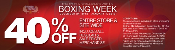 Bench Canada Boxing Week 40% Off Entire Site