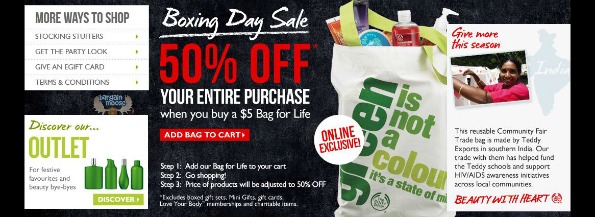 The Body Shop: Boxing Day Buy $5 Tote Get 50% Off Everything