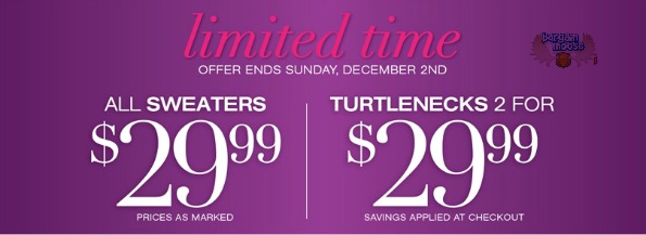 Cleo Canada: Today Only, All Sweaters $29.99, Turtlenecks 2 For $29.99 + Promo Code For Free Shipping