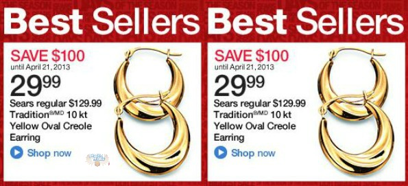 Sears Canada: $100 Off 10KT Yellow Oval Creole Earring   Now $29.99