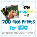 Get 200 4x6 prints for $20 with coupon code MOOSEPRINTS @ Snapfish.ca Get 200 4x6 prints for $20 with coupon code MOOSEPRINTS @ Snapfish.ca