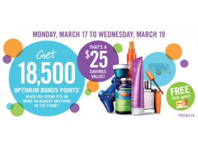 Shoppers Drug Mart Canada: 18,500 Bonus Points on a $75+ Purchase 