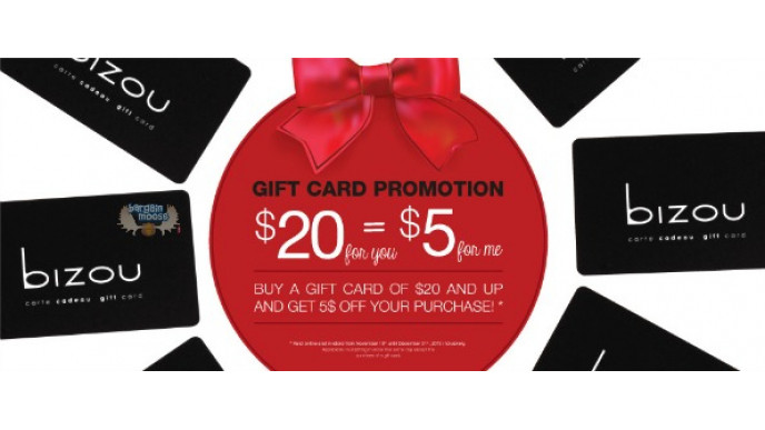 Bizou Canada: Buy a $20 Gift Card & Get $5 Off The Rest Of Your Order