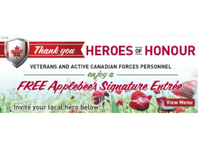Applebees Canada: Free Entrees For Veterans On Remembrance Day