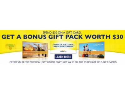 Cineplex Canada: Buy $30 Gift Card, Get $30 Gift Pack