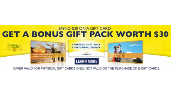 Cineplex Canada: Buy $30 Gift Card, Get $30 Gift Pack