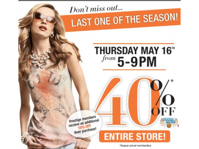 Suzy Shier Canada: 40% Off Entire Store on May 16th From 5-9 pm