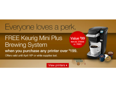 Staples Canada: FREE Keurig Mini Plus Brewing System w/Purchase of ANY Printer Over $199