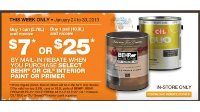 Home Depot Canada: Buy 1 Can/Bucket of Paint/Stain/Primer & Get $7 or $25 (MIR)