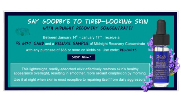Kiehls Canada Promo Code: $5 Gift Card & Deluxe Sample Of Midnight Recovery Concentrate w/ $65+ Purchase