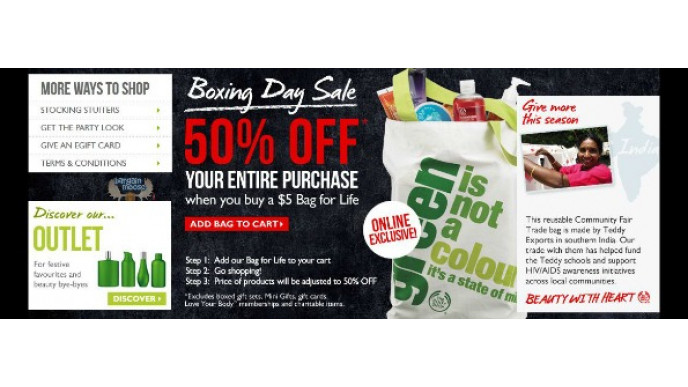 The Body Shop: Boxing Day Buy $5 Tote Get 50% Off Everything