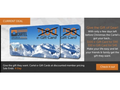 Canadian Cartel: Email Your Gift – Get $100 E-Card For $90 Or $50 E-Card For $45