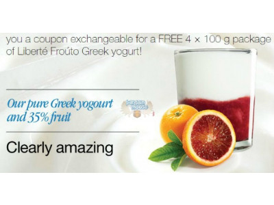 Canadian Freebie: 4 x 100 g Package of Liberte Frouto Greek Yogurt (Quick)