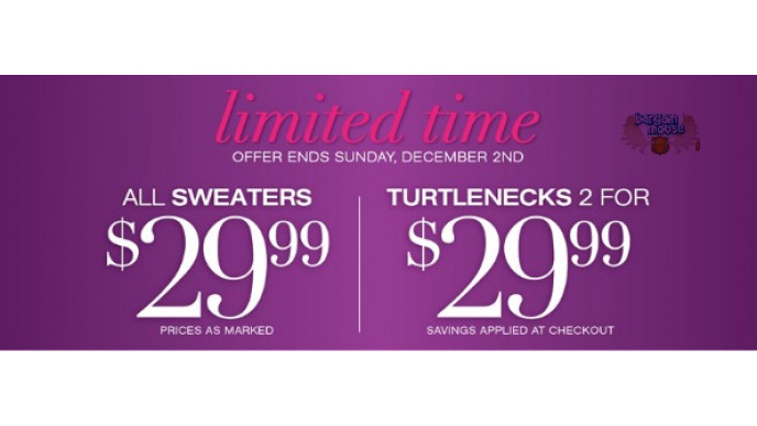 Cleo Canada: Today Only, All Sweaters $29.99, Turtlenecks 2 For $29.99 + Promo Code For Free Shipping