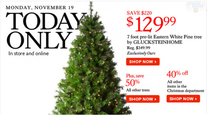 The Bay 1 Day Sale Today: $130 Glucksteinhome 7ft Tree, 50% off all Other Trees, 40% off in Christmas Dept