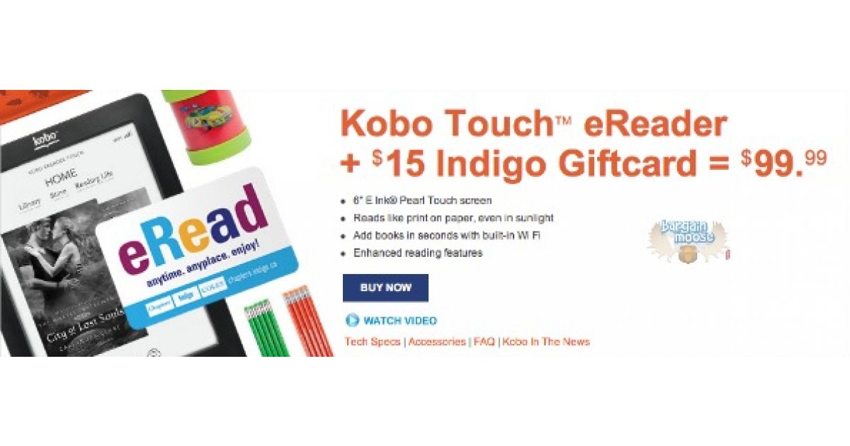 Chapters Canada 99.99 For Kobo Touch eReader + 15 Gift Card Free