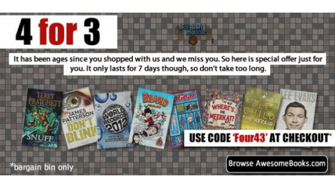 Awesome Books Coupon: 4 for 3 Deal on Bargain Bin Books