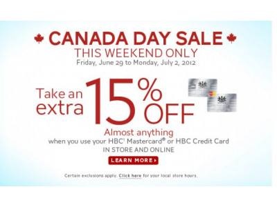 The Bay: Canada Day Sale - Save An Extra 15% with HBC Mastercard or Credit Card 