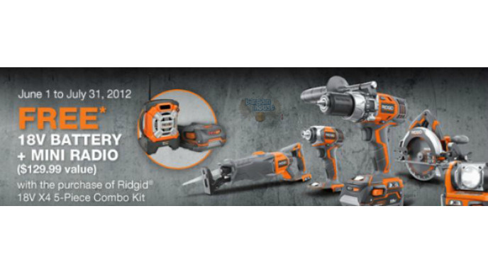 Home Depot Canada:Free 18V Battery & Mini Radio with Ridgid 5 Piece Combo Kit 