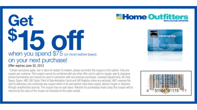 Home Outfitters Canada: $15 off $75