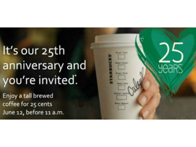 Starbucks Canada $0.25 Coffee Day June 12th