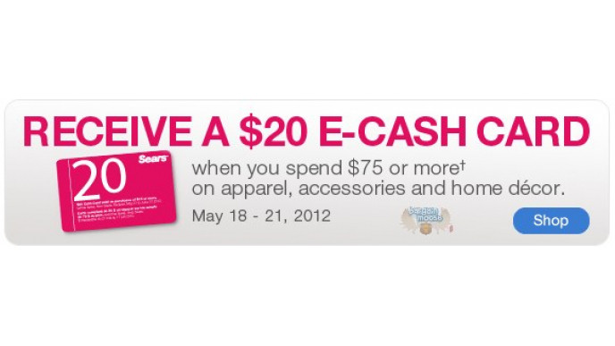 Sears Canada: Free Shipping on $100 + $20 e-Cash Card Back with $75 Purchase