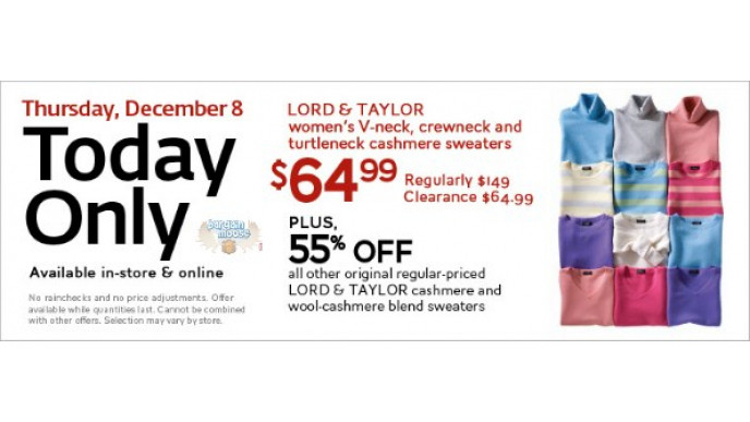 The Bay: Cashmere Sweaters $64.99 (Reg. $149.99) 