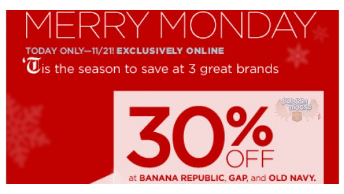 Banana Republic, The Gap, Old Navy: 30% Off Today Only (Nov 21)